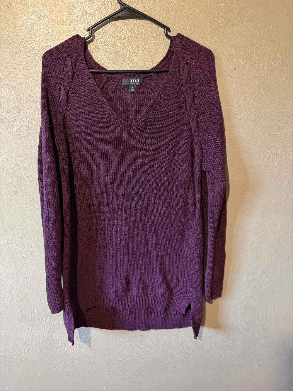 a.n.a Plum V-Neck Cable-Shoulder Knit Sweater
